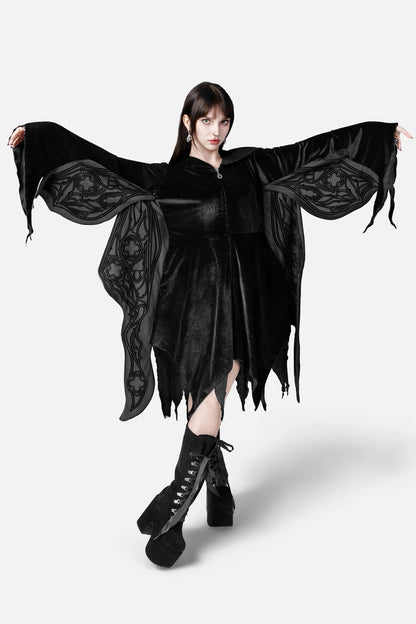 Schwarzer Mantel OBSIDIAN MOTH HOOD mit Mottenflügeln unter den Armen von Restyle