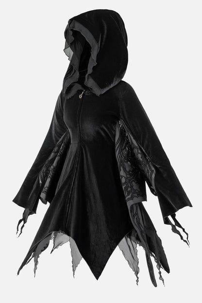Schwarzer Mantel OBSIDIAN MOTH HOOD mit Mottenflügeln unter den Armen von Restyle