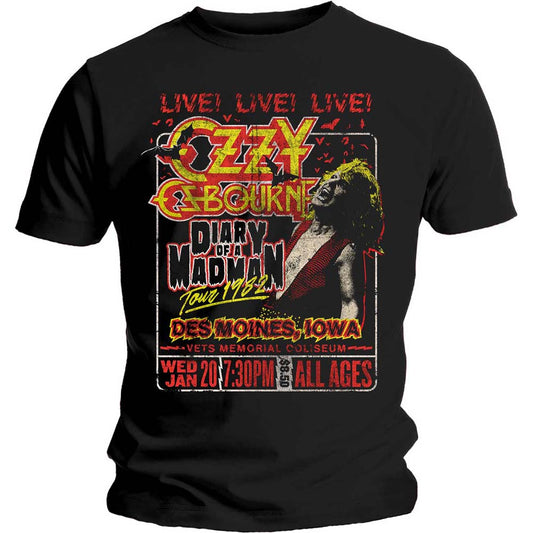 Lizensiertes Ozzy Osbourne Madman Tour Bandshirt im gelb-roten Design, viel Text und Ozzy-Print