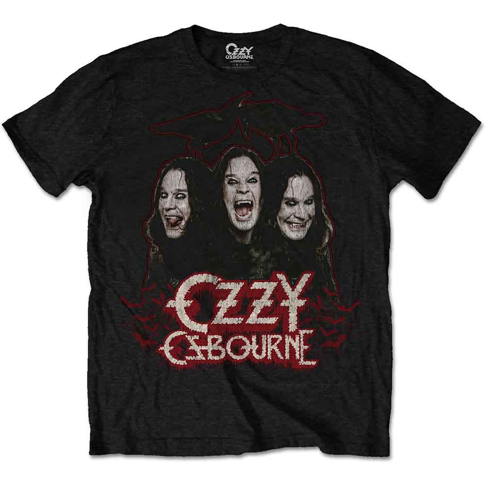 Lizensiertes Ozzy Osbourne Crows &amp; Bars Bandshirt mit drei Ozzy-Portraits mit Grimassen