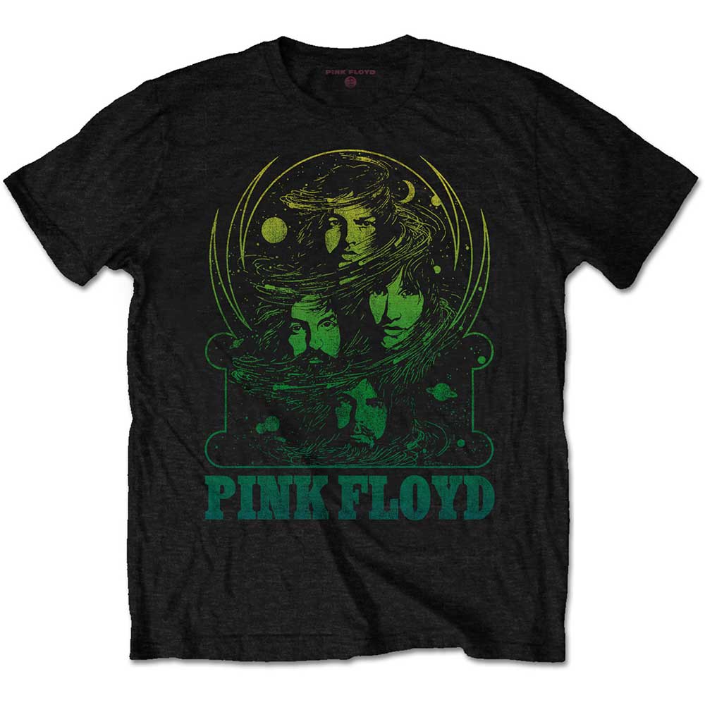 Lizensiertes Pink Floyd Green Swirl Bandshirt mit gezeichnetem Bandprint im gelb-grünen Design