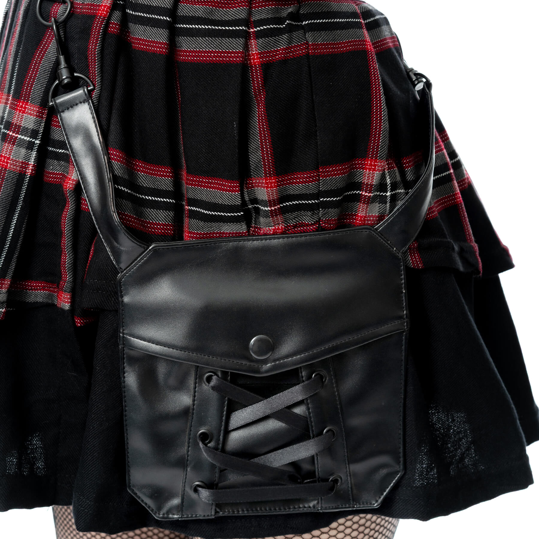 Schwarzer Rock PHANTOM HIGHLANDER SKIRT mit Tartanmuster und Seitentasche von Poizen Industries