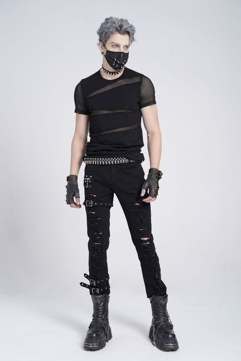 Schwarze Dark-Punk-Hose Fallout Revenant Trousers im Distressed-Look mit Riemen und Schnallen von Devil Fashion