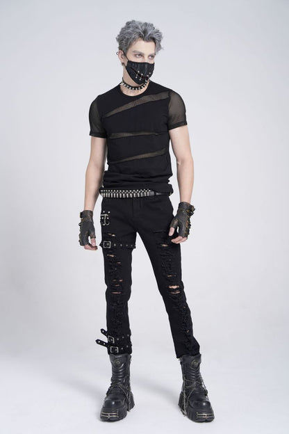 Schwarze Dark-Punk-Hose Fallout Revenant Trousers im Distressed-Look mit Riemen und Schnallen von Devil Fashion