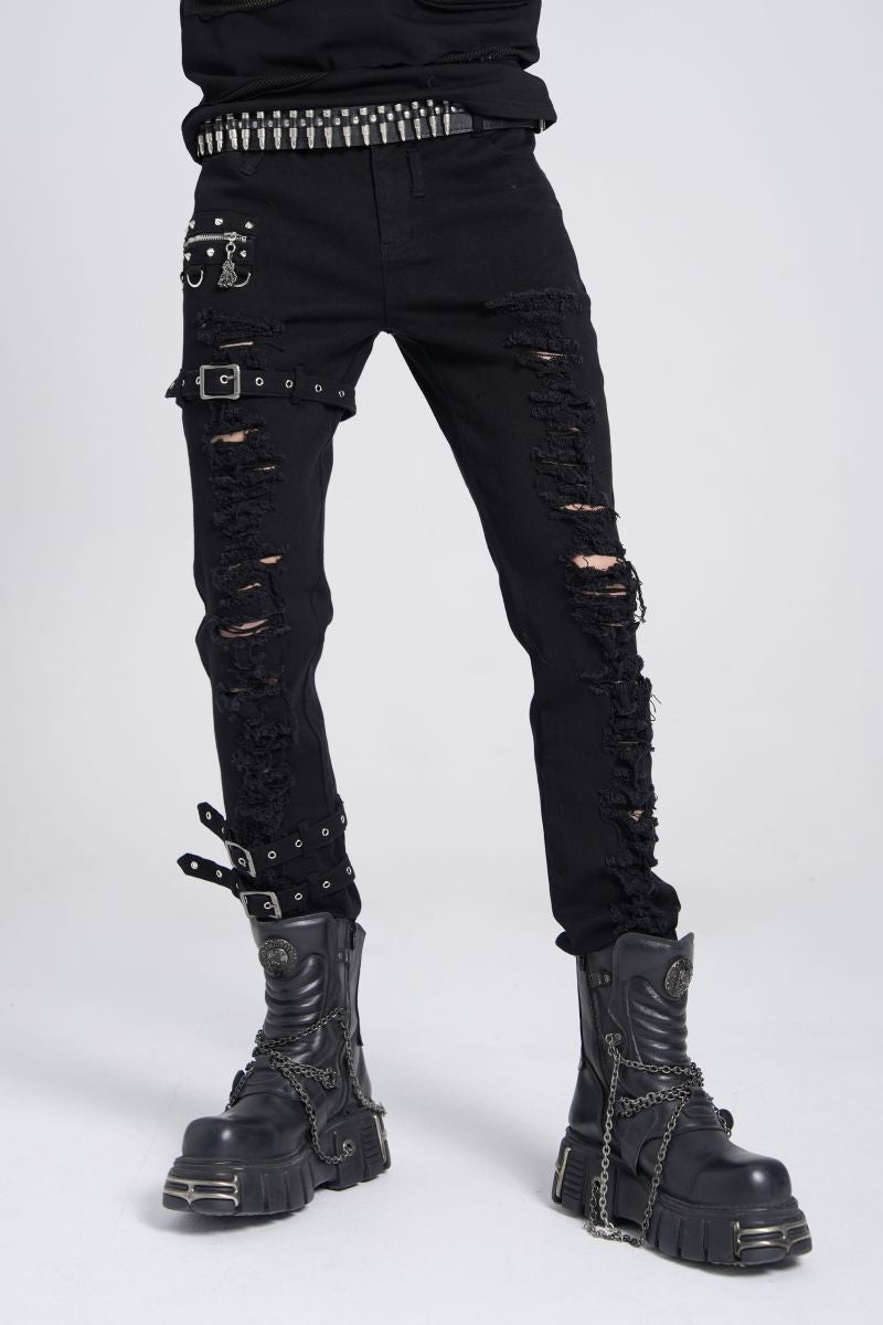 Schwarze Dark-Punk-Hose Fallout Revenant Trousers im Distressed-Look mit Riemen und Schnallen von Devil Fashion