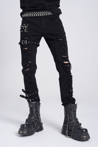 Schwarze Dark-Punk-Hose Fallout Revenant Trousers im Distressed-Look mit Riemen und Schnallen von Devil Fashion