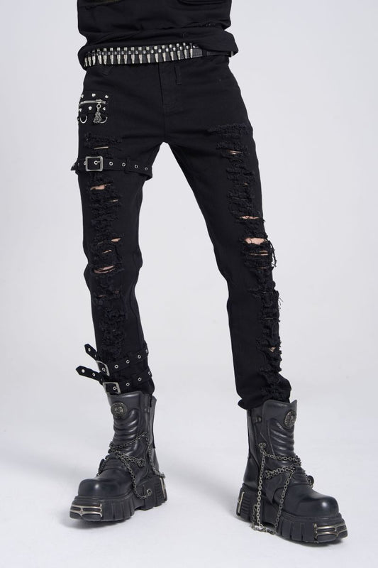 Schwarze Dark-Punk-Hose Fallout Revenant Trousers im Distressed-Look mit Riemen und Schnallen von Devil Fashion