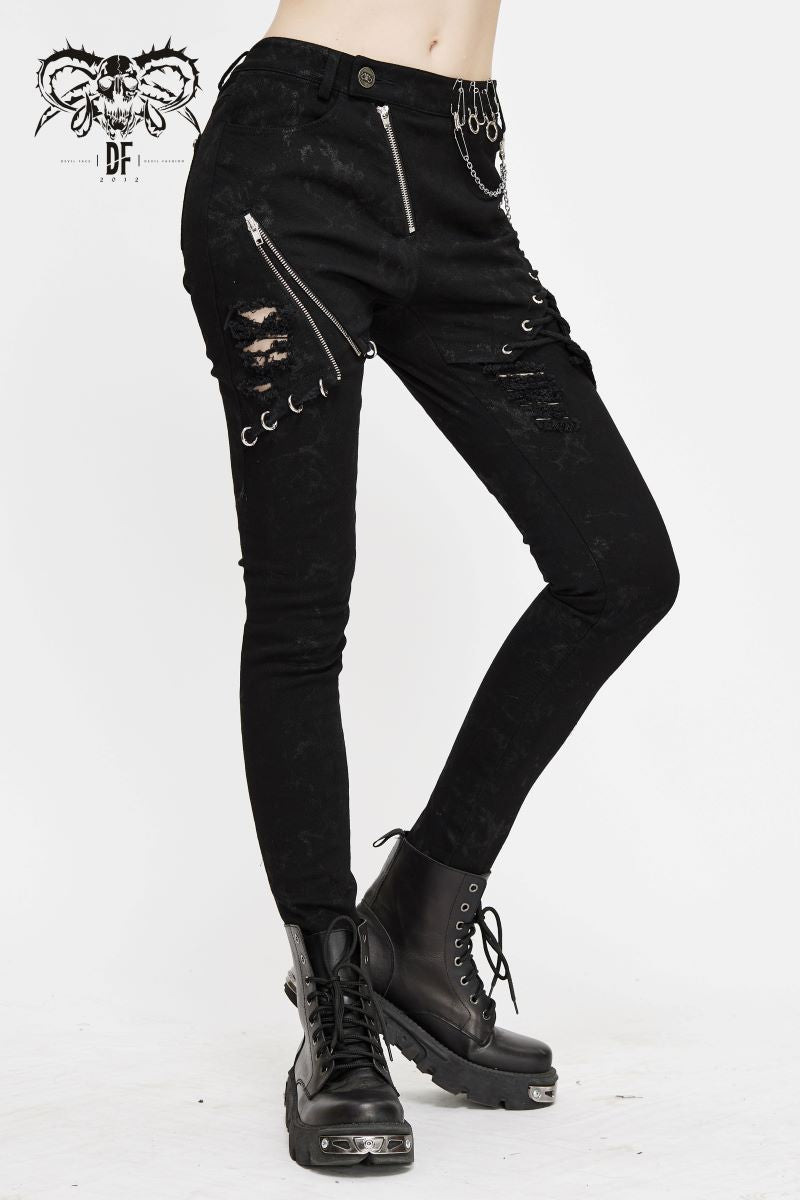 Schwarze Hose Beast Fiend Trousers mit Zierketten und Reißverschlüssen von Devil Fashion