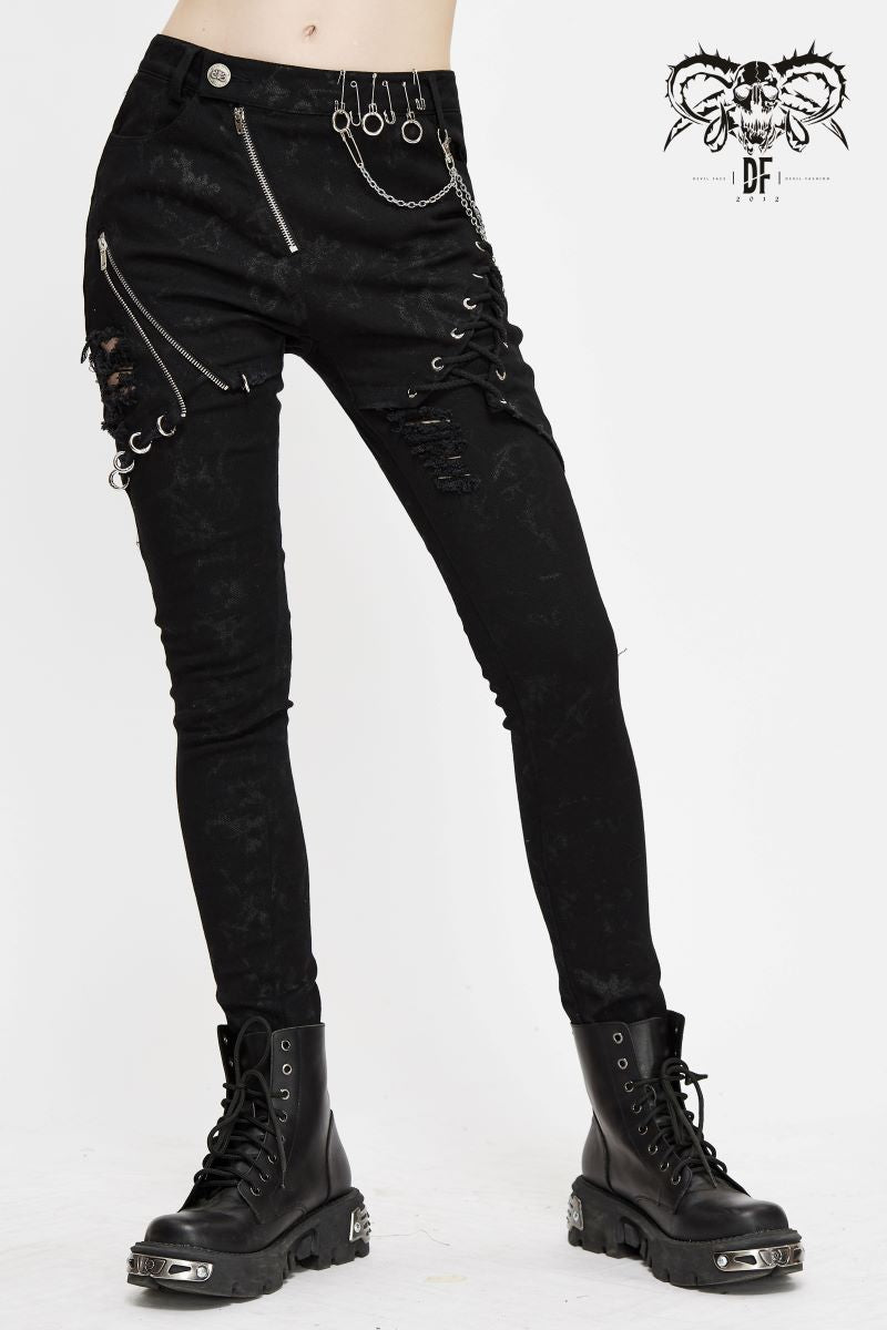Schwarze Hose Beast Fiend Trousers mit Zierketten und Reißverschlüssen von Devil Fashion