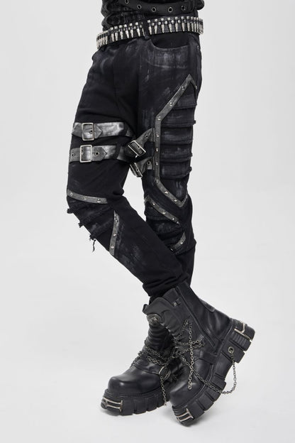 Schwarze Hose Fallout Knight Trousers mit Riemenelementen von Devil Fashion