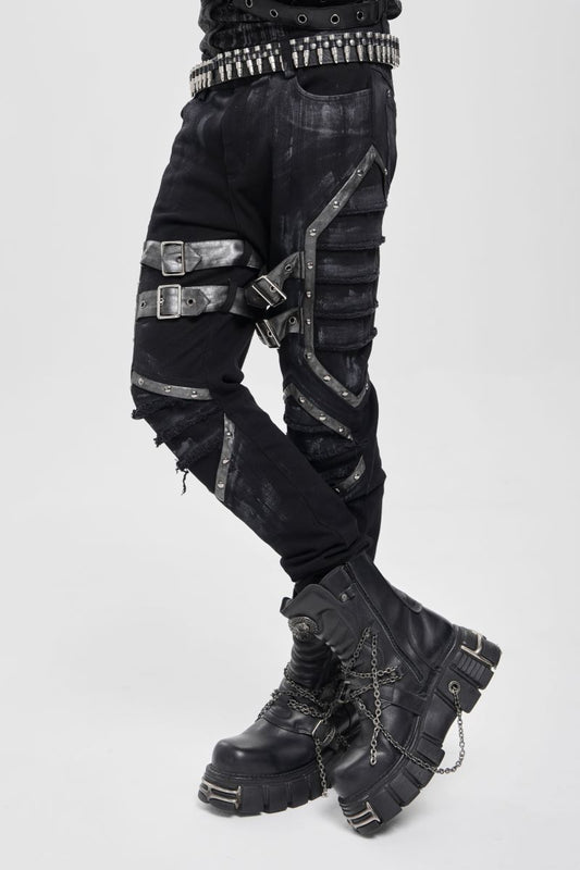 Schwarze Hose Fallout Knight Trousers mit Riemenelementen von Devil Fashion
