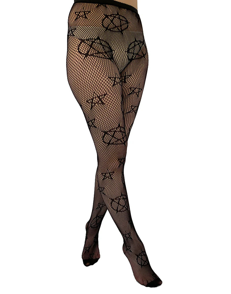 Schwarze Strumpfhose Pentagram Net Tights mit Pentagram Muster von Pamela Mann