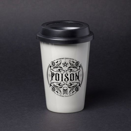 Weißer Becher Poison Travel Mug mit schwarzem Deckel von Alchemy