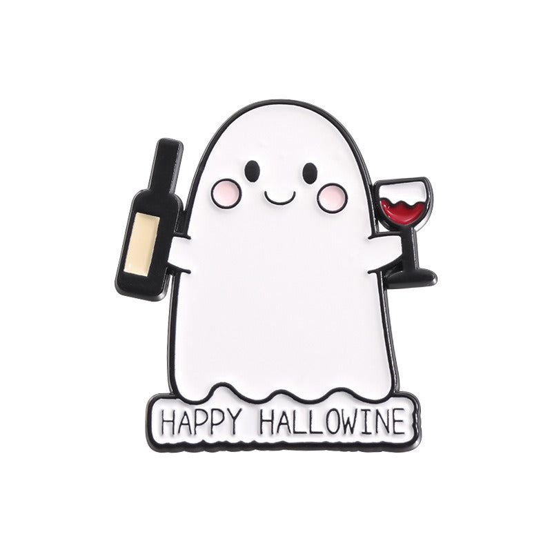 Kleiner Emaille-Anstecker HAPPY HALLOWINE ENAMEL PIN mit Gespenst mit Weinglas und Flasche von Moon Attic