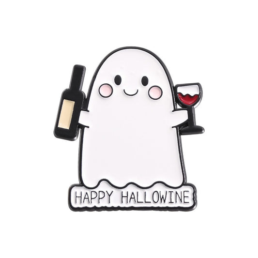 Kleiner Emaille-Anstecker HAPPY HALLOWINE ENAMEL PIN mit Gespenst mit Weinglas und Flasche von Moon Attic