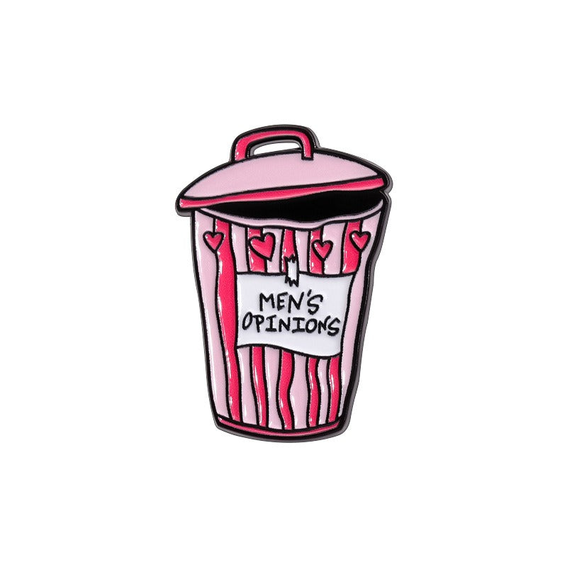 Kleiner, pinker Emaille-Anstecker MEN'S OPINIONS ENAMEL PIN in Form einer Mülltonne von Moon Attic