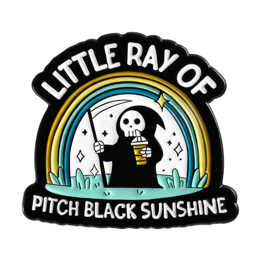 Kleiner Emaille-Anstecker PITCH BLACK SUNSHINE ENAMEL PIN mit kleinem Sensenmann- und Regenbogenprint von Moon Attic