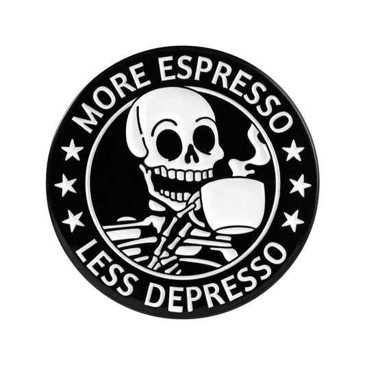 Kleiner Emaille-Anstecker LESS DEPRESSO ENAMEL PIN mit Skelettprint von Moon Attic