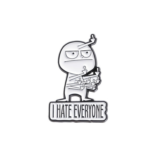 Kleiner Emaille-Anstecker HATE EVERYONE ENAMEL PIN mit Cartoonfigur mit mehreren Mittelfingern und 'I HATE EVERYONE' Schriftzug von Moon Attic