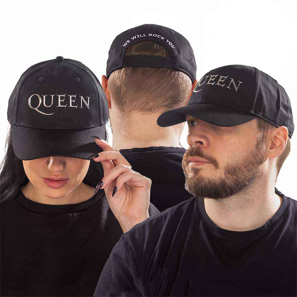 Schwarze Schirmmütze Queen Baseball Cap Silver Logo mit 'We Will Rock You'- Aufschrift auf Rückseite