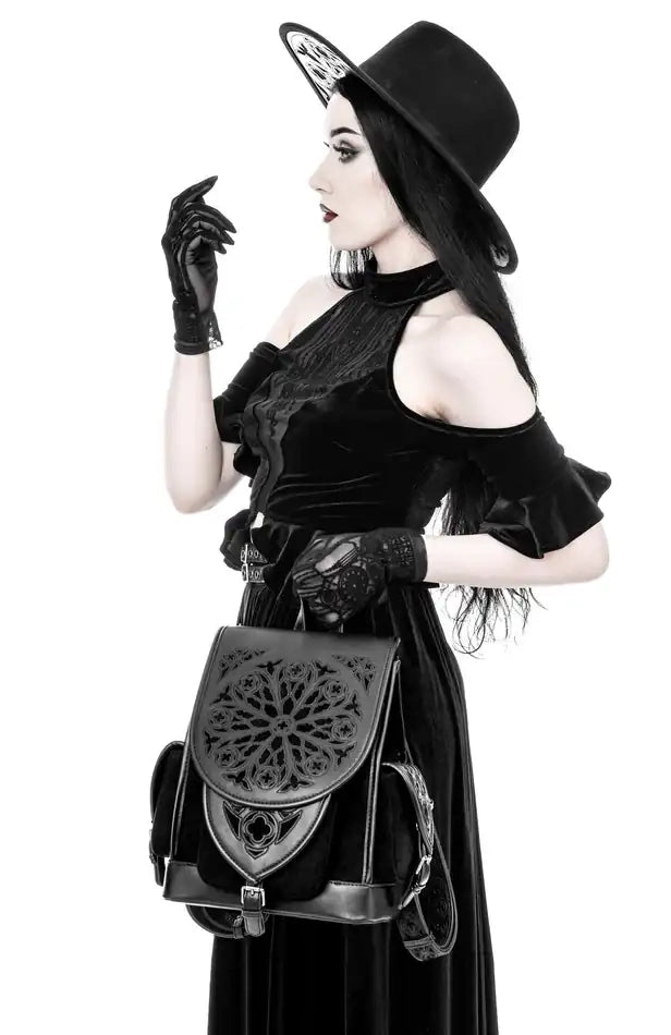 Schwarzer Rucksack ROSARIUM BACKPACK mit Kathedralendesign von Restyle