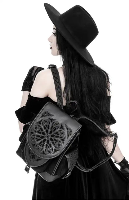 Schwarzer Rucksack ROSARIUM BACKPACK mit Kathedralendesign von Restyle