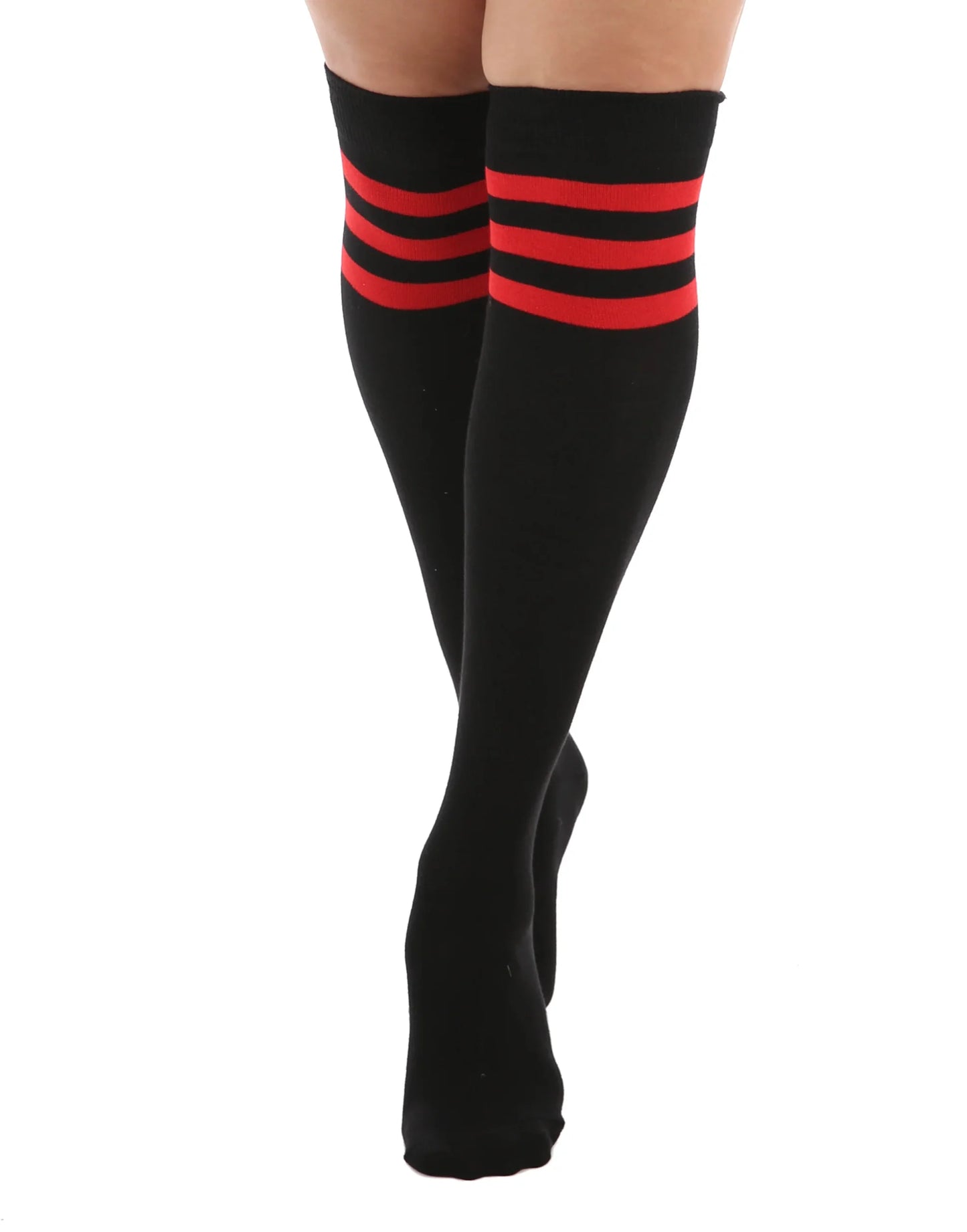 Schwarze Referee Black/Red Overknees mit drei roten Streifen von Pamela Mann