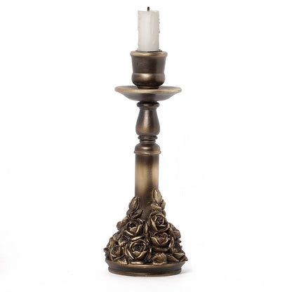 Kunstvoller Kerzenständer Rose Garden Candlestick aus Kunstharz mit antikem Gold-Finish und Rosendesign von Alchemy England