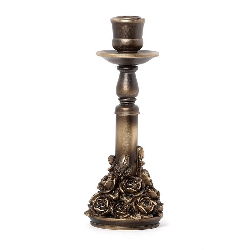 Kunstvoller Kerzenständer Rose Garden Candlestick aus Kunstharz mit antikem Gold-Finish und Rosendesign von Alchemy England