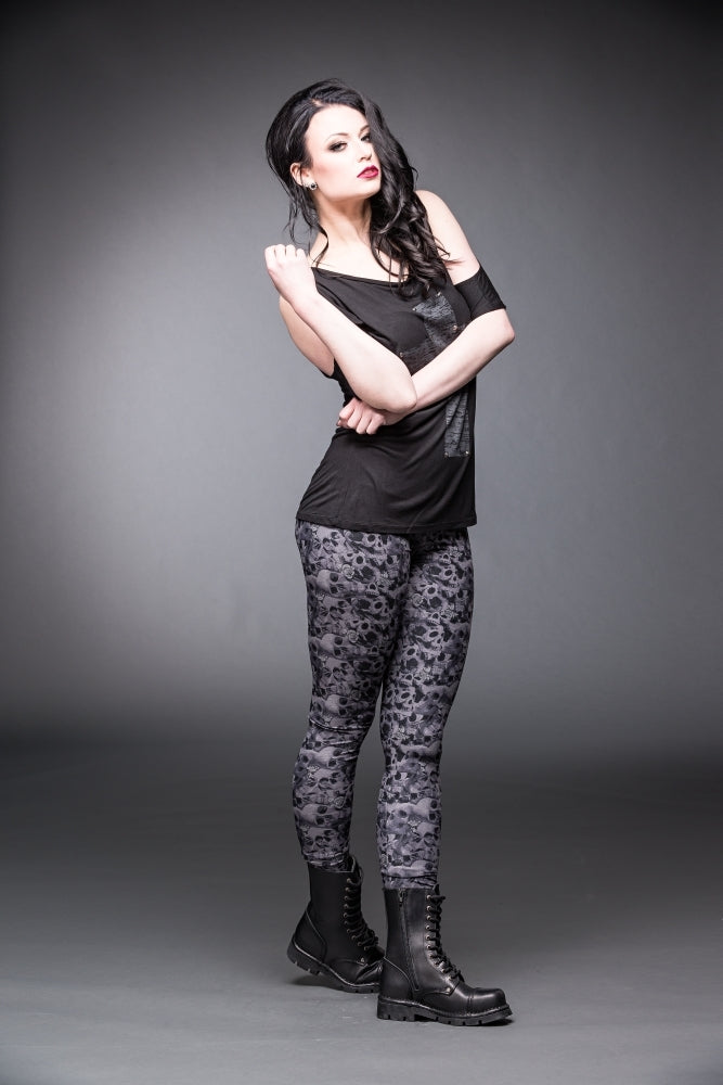 Graue Leggings Rose Skull Leggings Gray mit Rosen und Totenkopf Print von Queen of Darkness