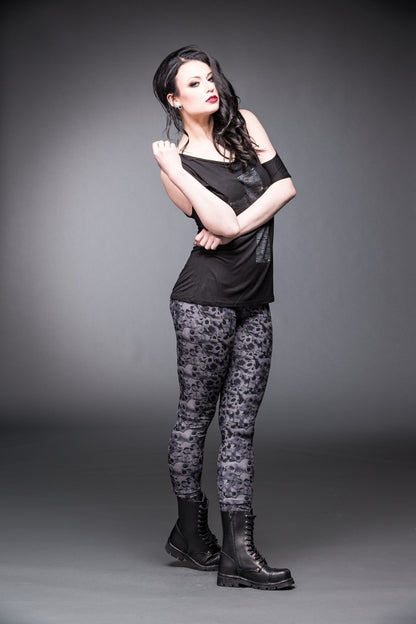 Graue Leggings Rose Skull Leggings Gray mit Rosen und Totenkopf Print von Queen of Darkness