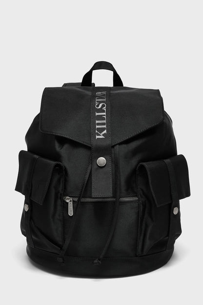 Schwarzer, schlichter Rucksack SHADOW STEALER BACKPACK mit vielen Innen- und Außentaschen von Killstar