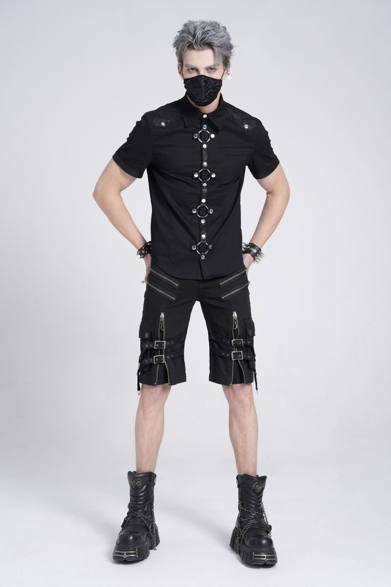 Schwarzes Dark-Punk-Kurzarmhemd Orkus Short Sleeve Shirt mit O-Ring-Details an der Knopfleiste von Devil Fashion