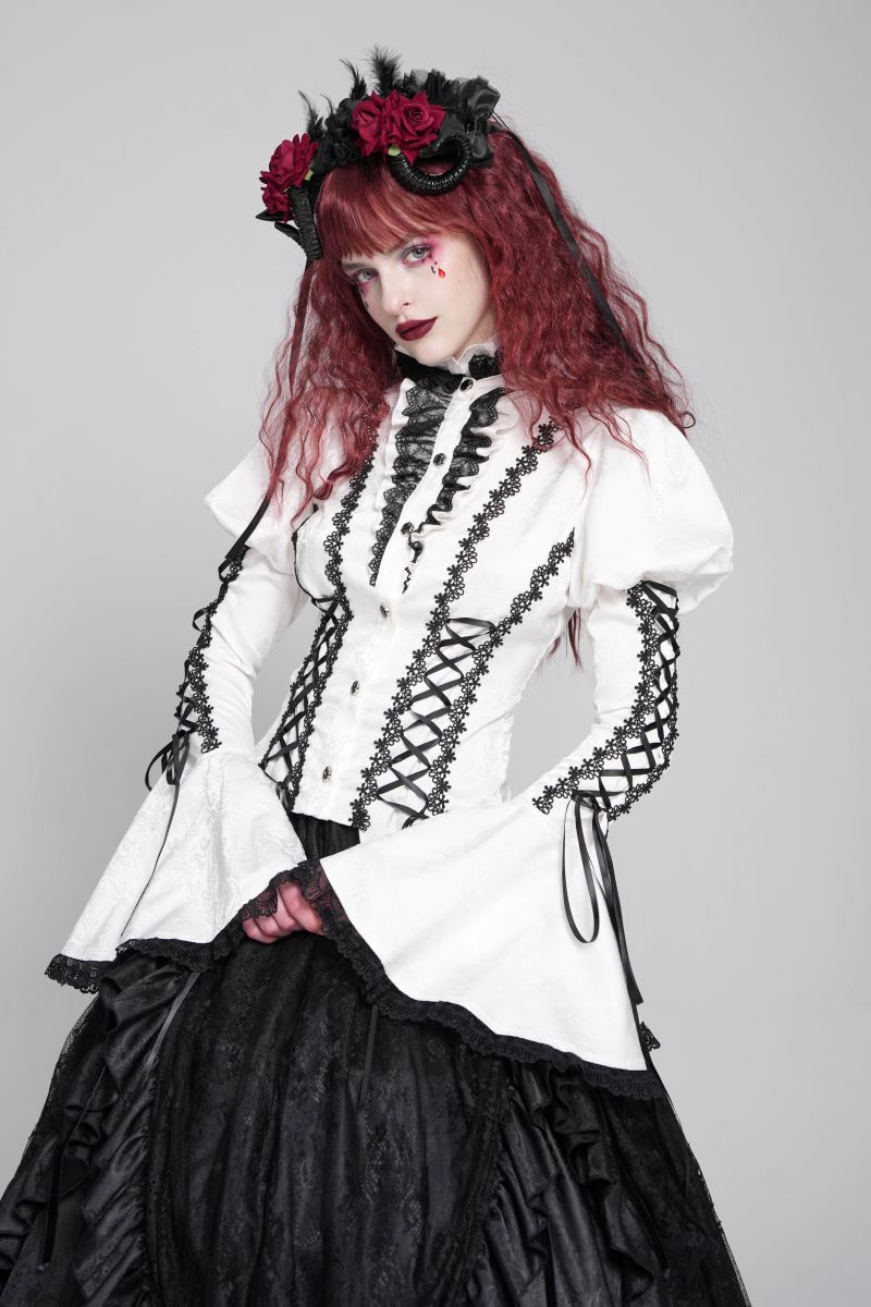 Weißes Oberteil Ophelia Gloom White Shirt mit Schnürungen von Devil Fashion