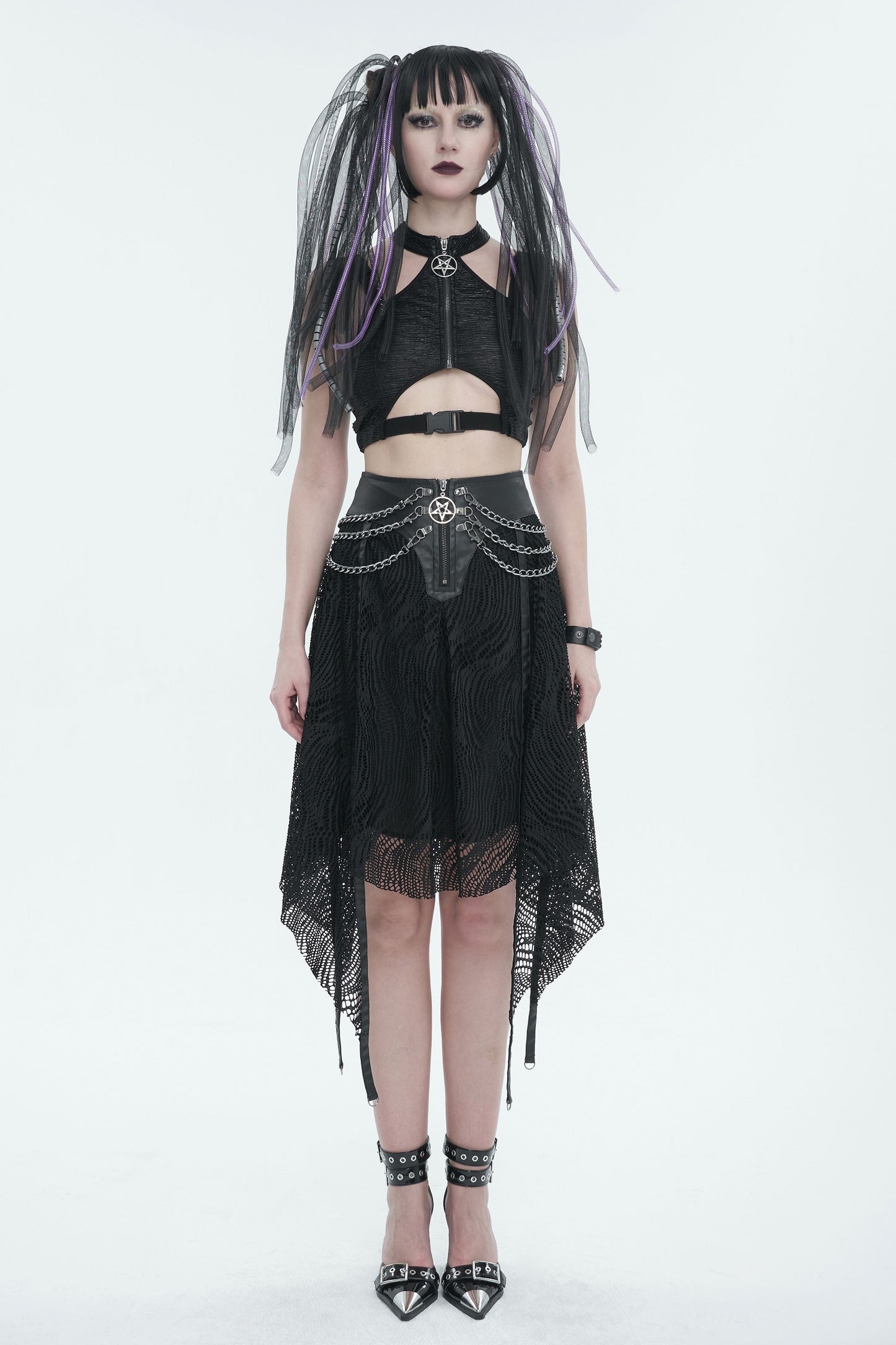 Knielanger, ausgestellter Rock BLACK NOISE SKIRT mit Kettendetails von Devil Fashion