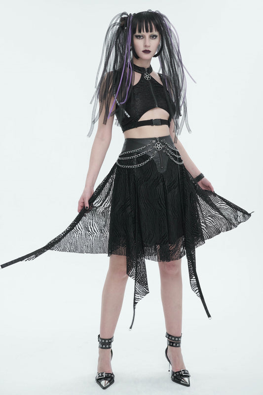 Knielanger, ausgestellter Rock BLACK NOISE SKIRT mit Kettendetails von Devil Fashion