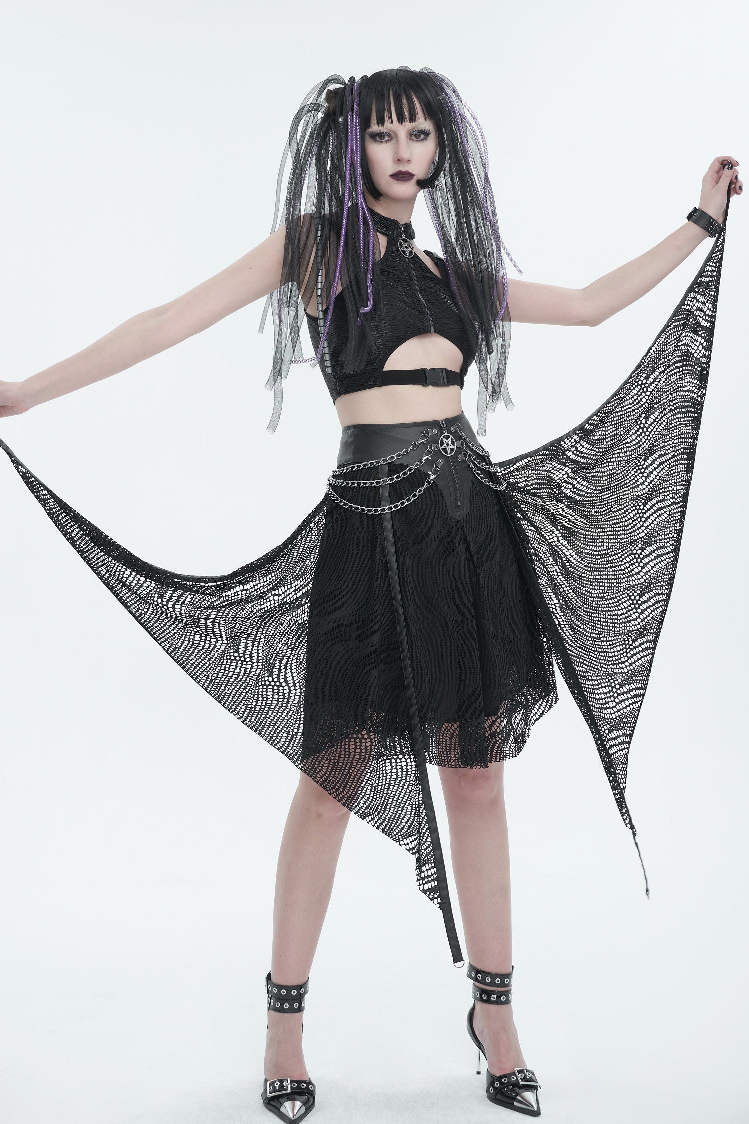 Knielanger, ausgestellter Rock BLACK NOISE SKIRT mit Kettendetails von Devil Fashion