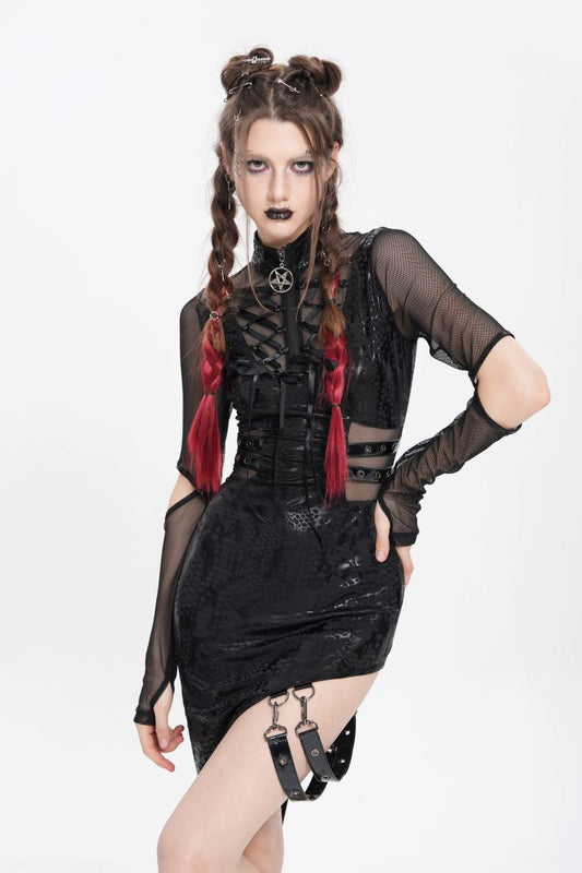 Schwarzes Kleid The Obsidian Syren Dress mit Meshelementen von Devil Fashion
