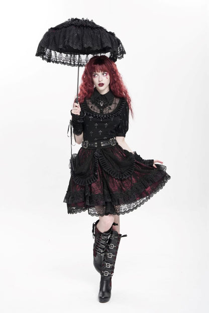Romantischer, kurzer schwarz-roter Spitzenrock Lace Maiden Black Skirt im Gothic-Stil mit Drapierung und Rüschen von Devil Fashion