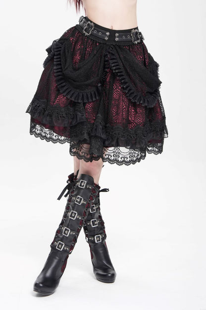 Romantischer, kurzer schwarz-roter Spitzenrock Lace Maiden Black Skirt im Gothic-Stil mit Drapierung und Rüschen von Devil Fashion