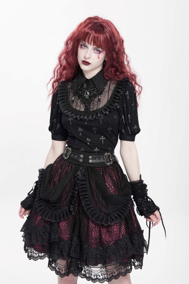 Romantischer, kurzer schwarz-roter Spitzenrock Lace Maiden Black Skirt im Gothic-Stil mit Drapierung und Rüschen von Devil Fashion