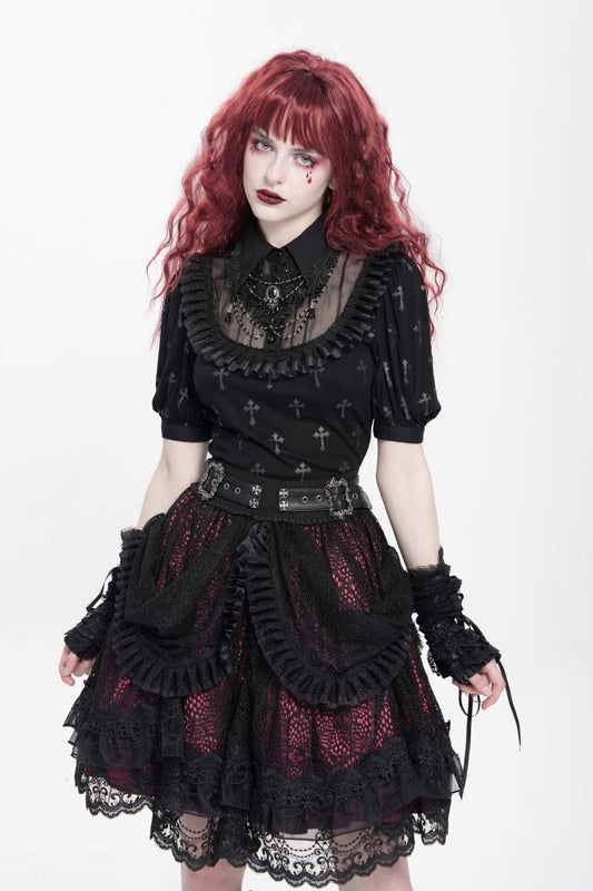 Romantischer, kurzer schwarz-roter Spitzenrock Lace Maiden Black Skirt im Gothic-Stil mit Drapierung und Rüschen von Devil Fashion