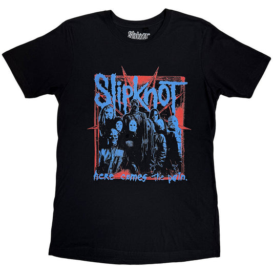 Lizensiertes Slipknot Here Comes The Pain Bandshirt im blau-roten Design mit Backprint