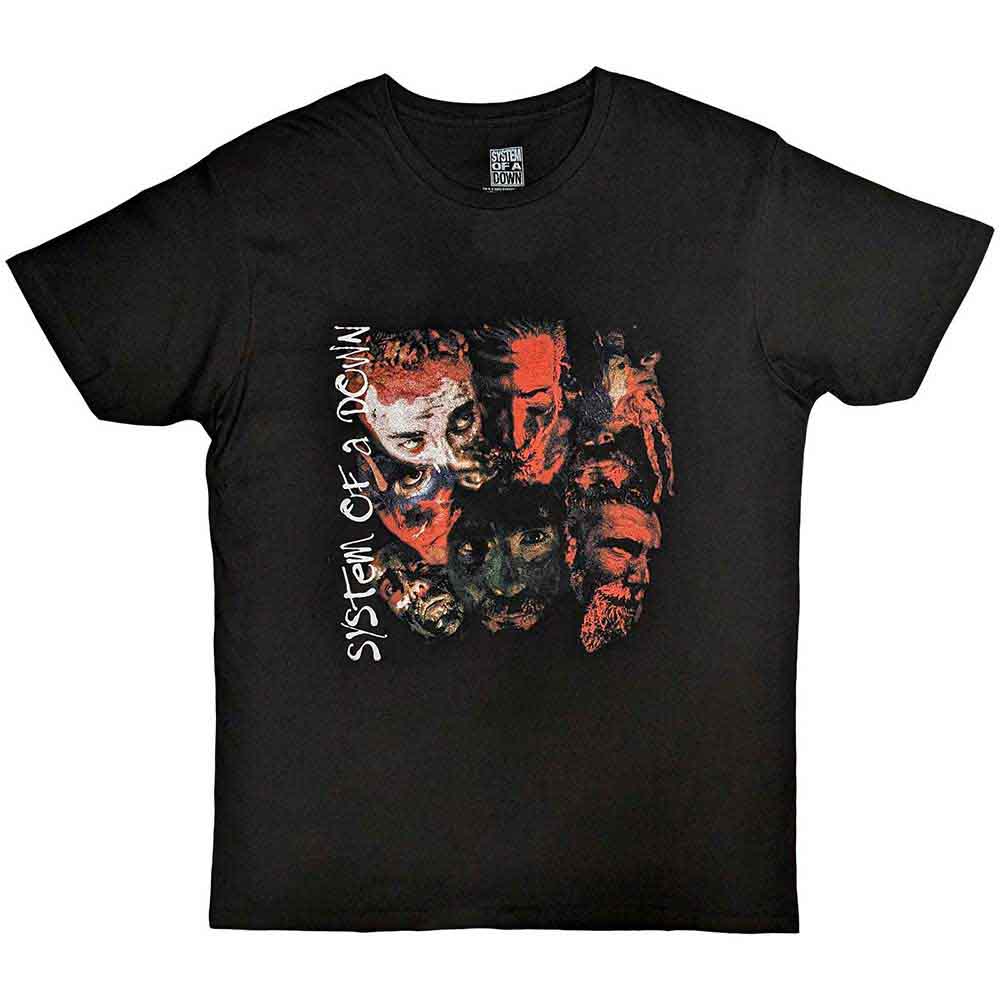 Lizensiertes System Of A Down Painted Faces Bandshirt mit abstraktem Gesichtsprint im roten Design