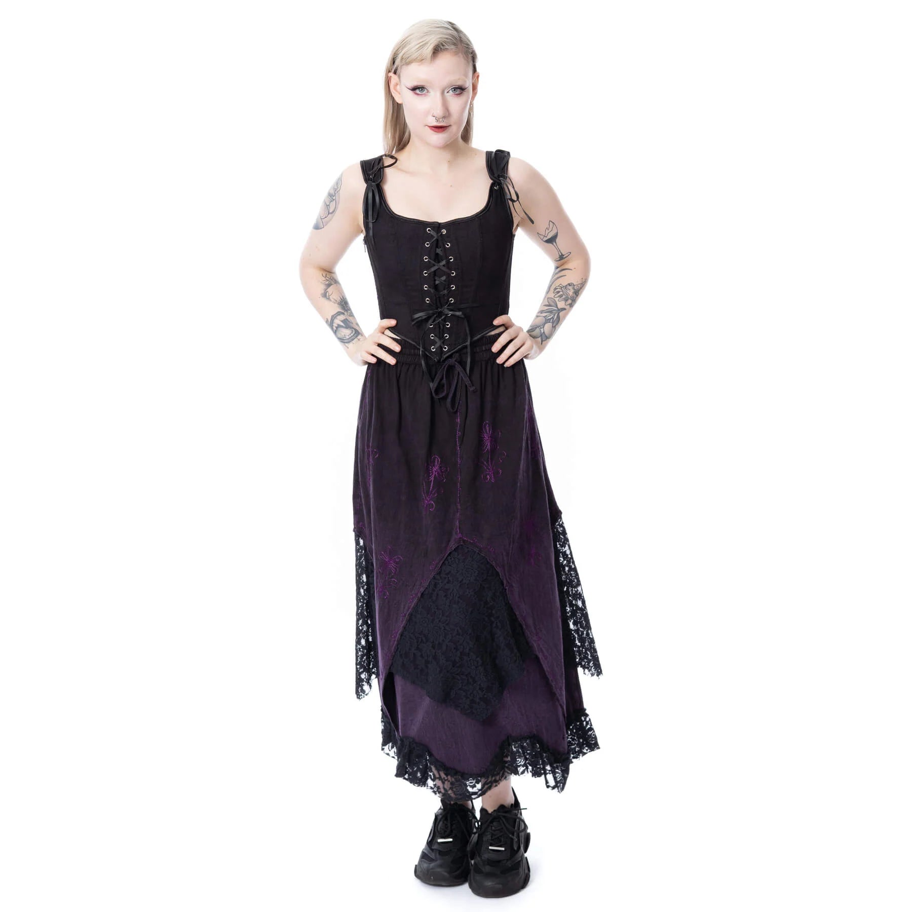Langer, geschichteter Rock SOLEA SKIRT Purple mit Stickelementen und Spitzenstoffeinsätzen von Innocent