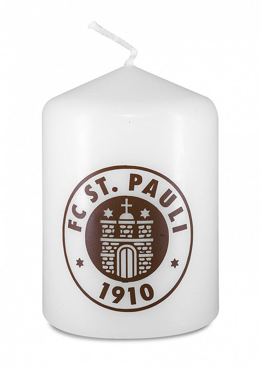 Weiße Kerze mit braunem Logo von St.Pauli
