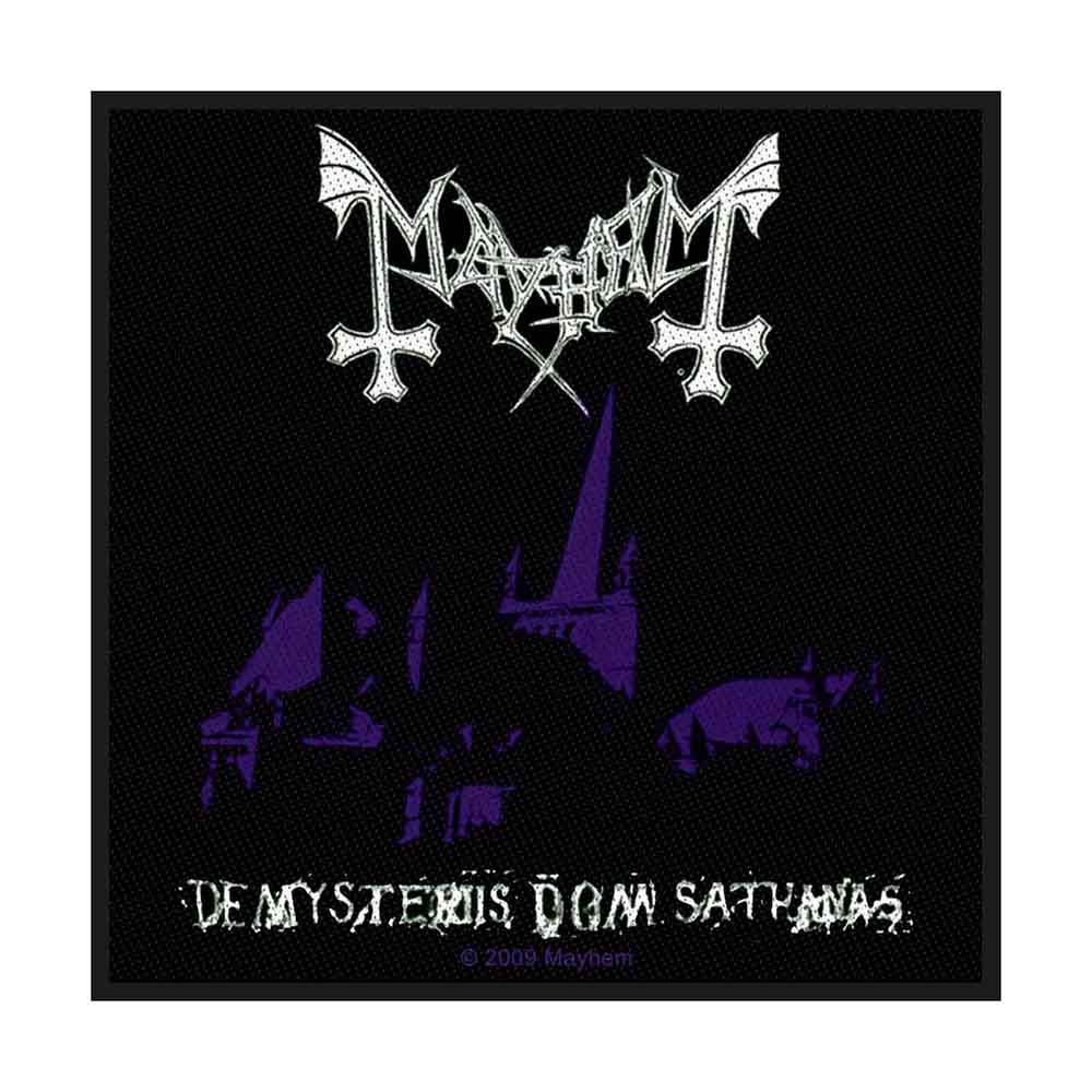 Quadratischer Aufnäher Mayhem De Mysteriis Dom Sathanas Patch Nr.124 mit lilafarbenden Details