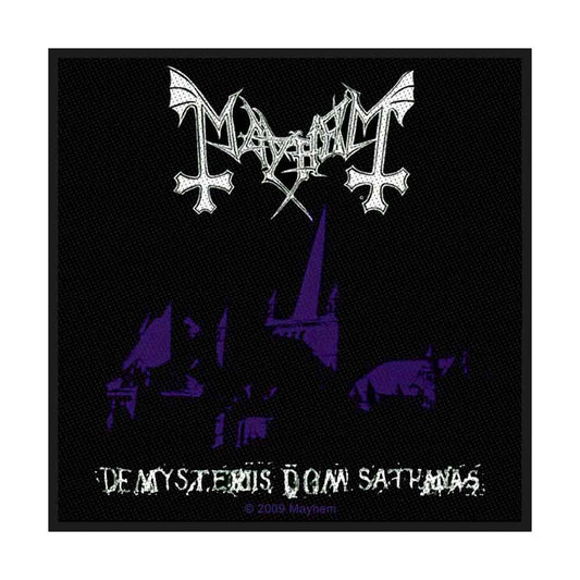 Quadratischer Aufnäher Mayhem De Mysteriis Dom Sathanas Patch Nr.124 mit lilafarbenden Details