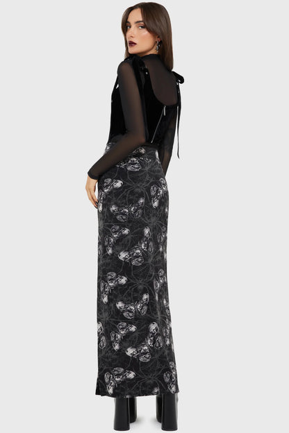 Schwarzer Rock Spidrasica's Web Maxi Skirt mit Motten und Spinnen Print von Killstar