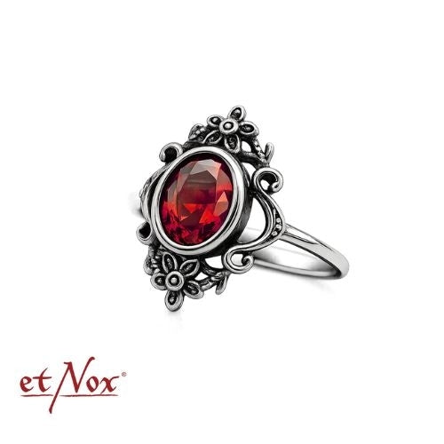 Edelstahlring Garnet Flowers mit Blumen-Ornamenten und rotem Stein von etNox